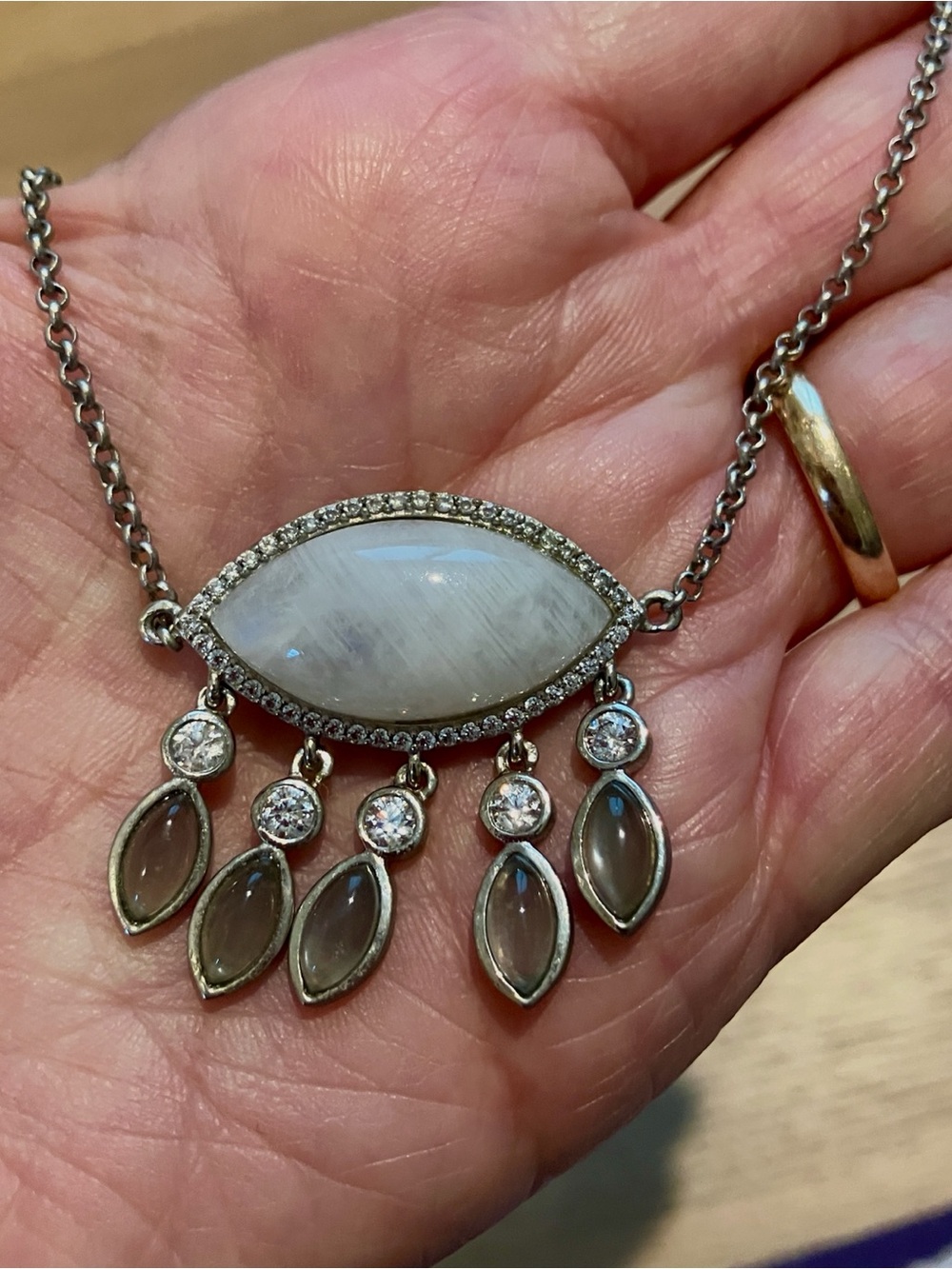 Sterling Silver Marquise Moonstone Necklace with Clear Accents - White